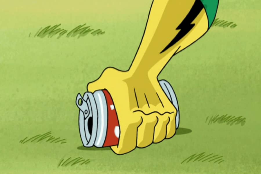 gloved hand picking up a soda can from the ground
