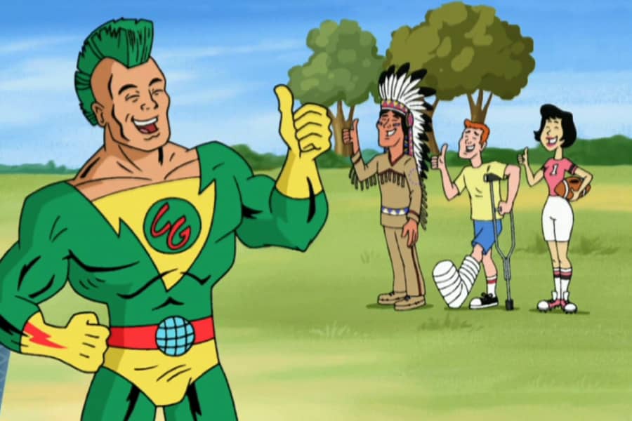 Captain Green giving a thumbs up to three friends: a native man in traditional garb, a red-haired boy with a broken foot, and an Asian woman holding a football