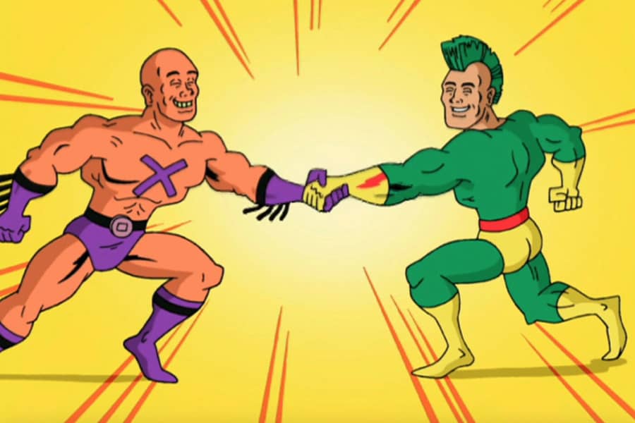 Captain Green shaking hands with another buff guy with an X on his chest