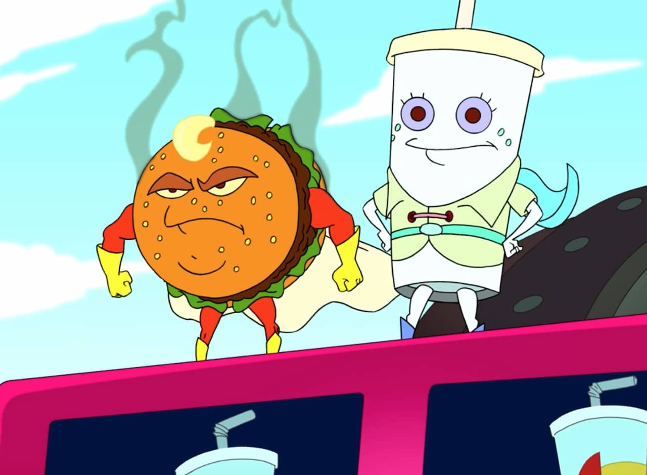 Captain Mega Meat and Bottomless Boy are burger and fountain drink superheroes