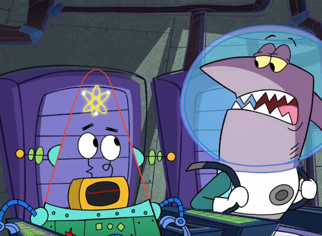 Captain Quasar, a shark, and Pat-Tron, a robot