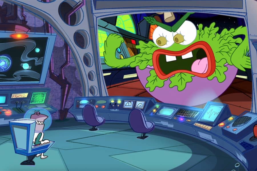 Captain Quasar negotiating with the leader of the Saladrian Empire, a bowl of salad