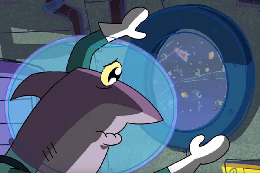 Captain Quasar looking out the window sadly as parts of a ship float by in space