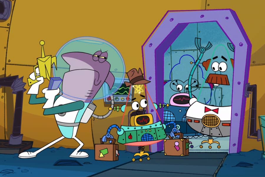 Captain Quasar and Pat-Tron at his childhood home, his parents opening the door