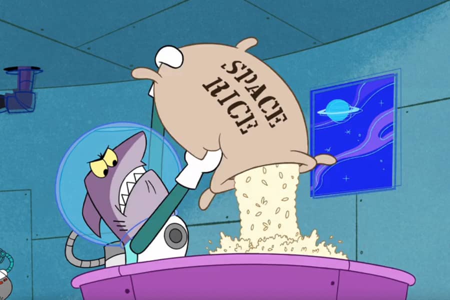 Captain Quasar pouring a bag of space rice into a small pool