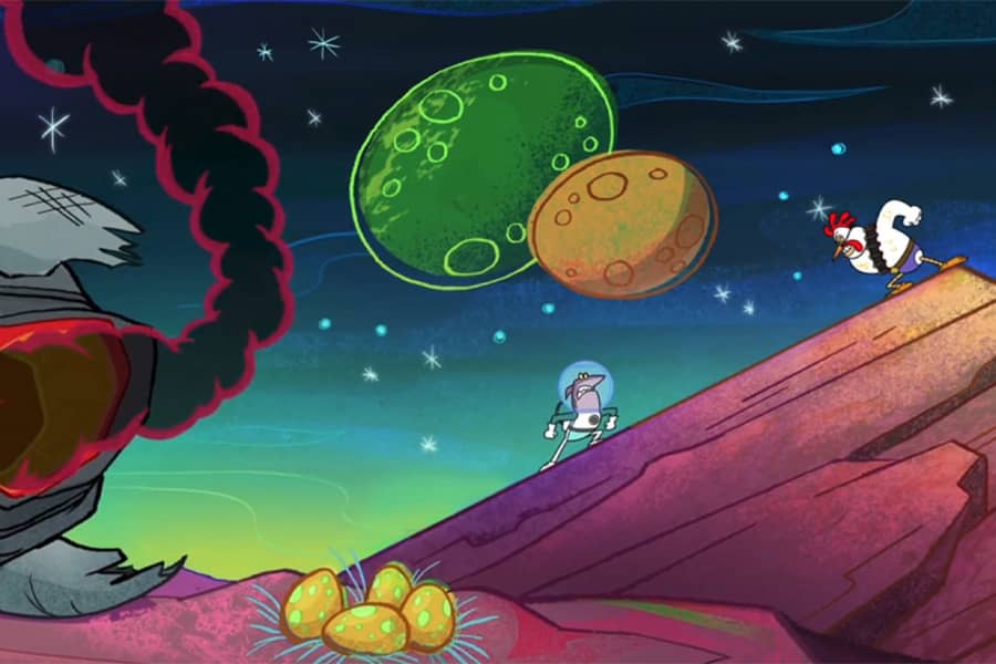 a crashed ship and Captain Quasar confronting a chicken man