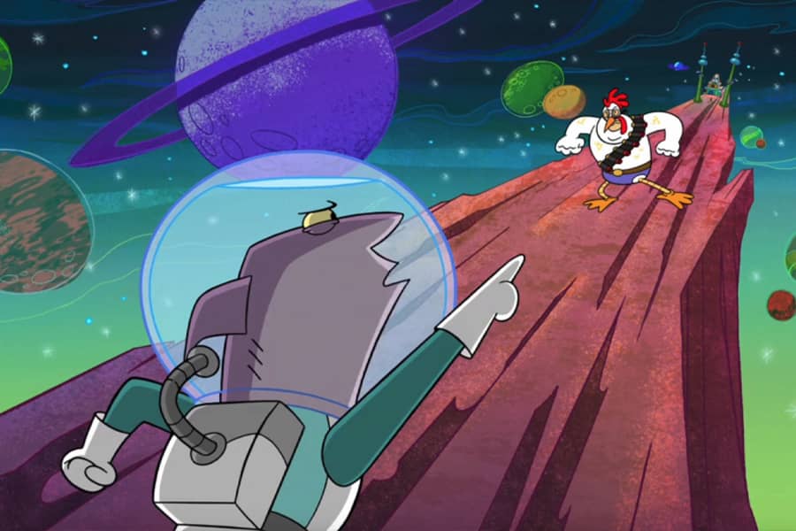 Captain Quasar pointing at the chicken man