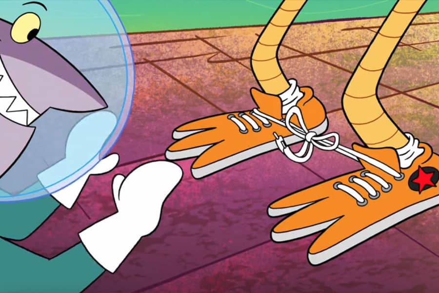 Captain Quasar tying the chicken’s shoelaces together
