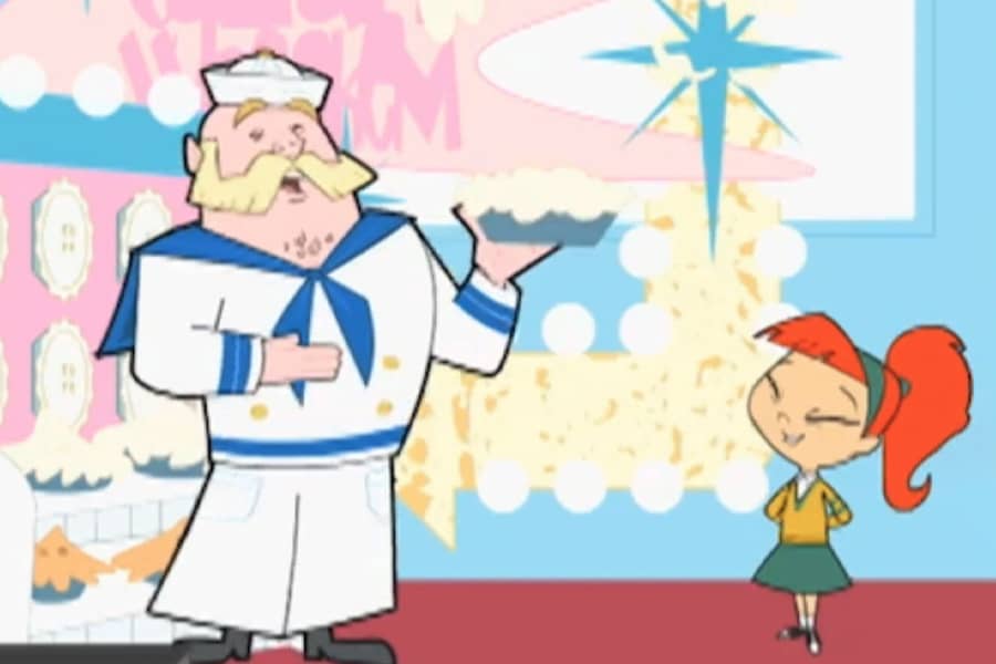Captain Whackem holding a pie next to a kid guest