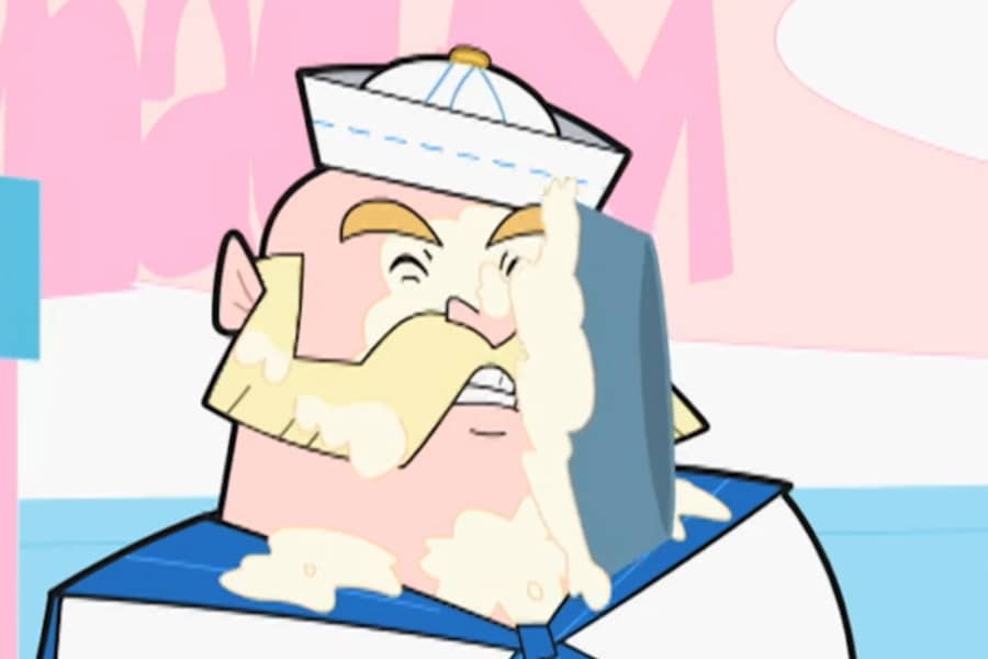 Captain Whackem with a pie smashed into his face