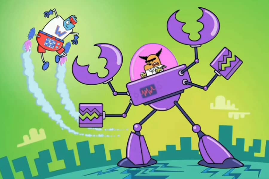 Captain Wonderpants fights a villain in a big robot mech suit