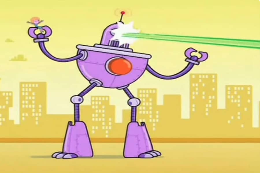 huge robot holding a woman in his claw and shooting lasers out his eyes