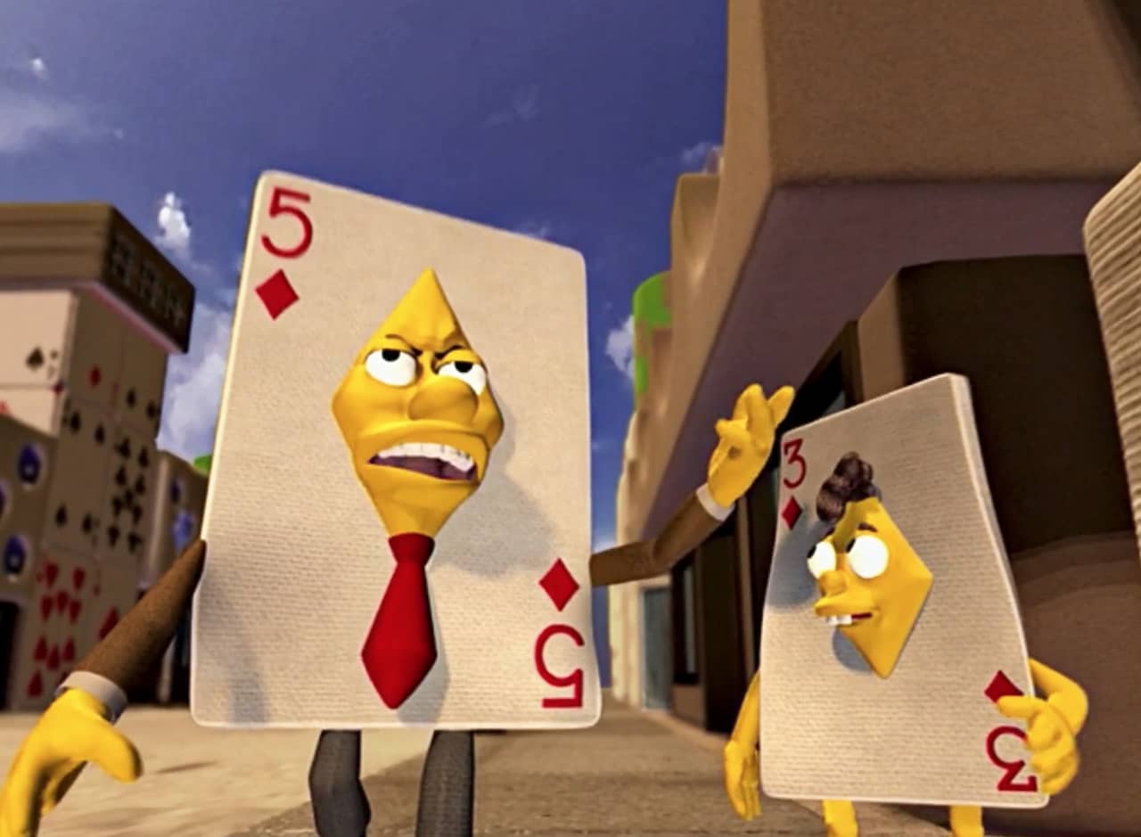 anthropomorphic father and son playing cards walk down the street