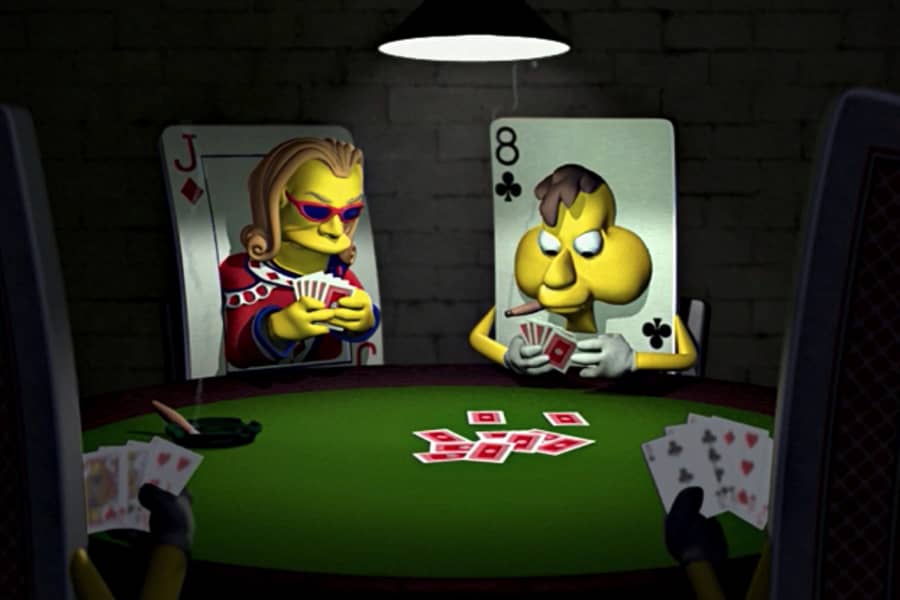 anthropomorphic cards playing poker around a card table