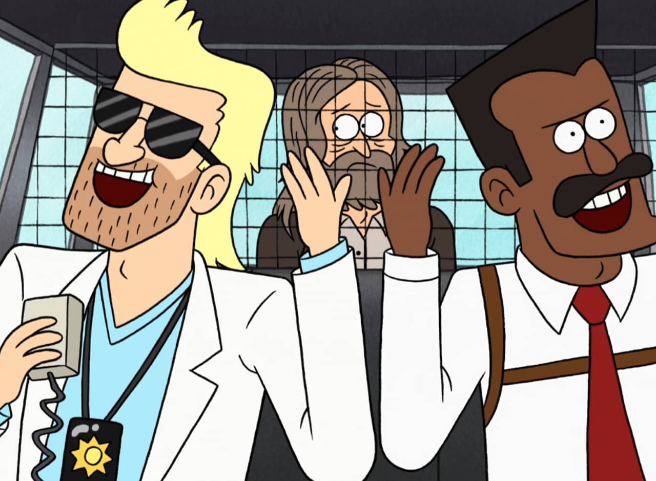 Carter and Briggs laughing in their cop car with a perp in the back