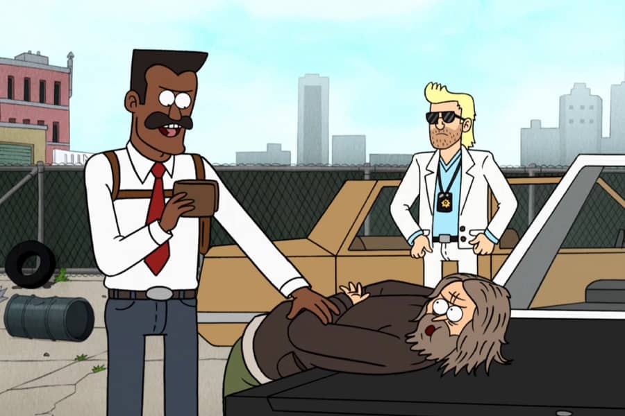 Briggs holding a man against the hood of his car while holding his wallet