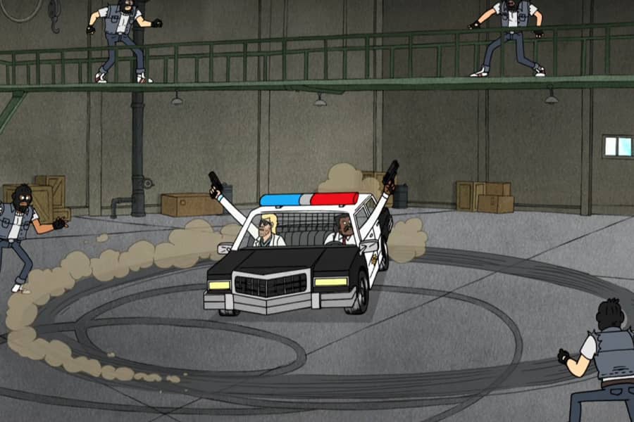 Carter and Briggs driving donuts in their cop car in a warehouse, surrounded by criminals in ski masks