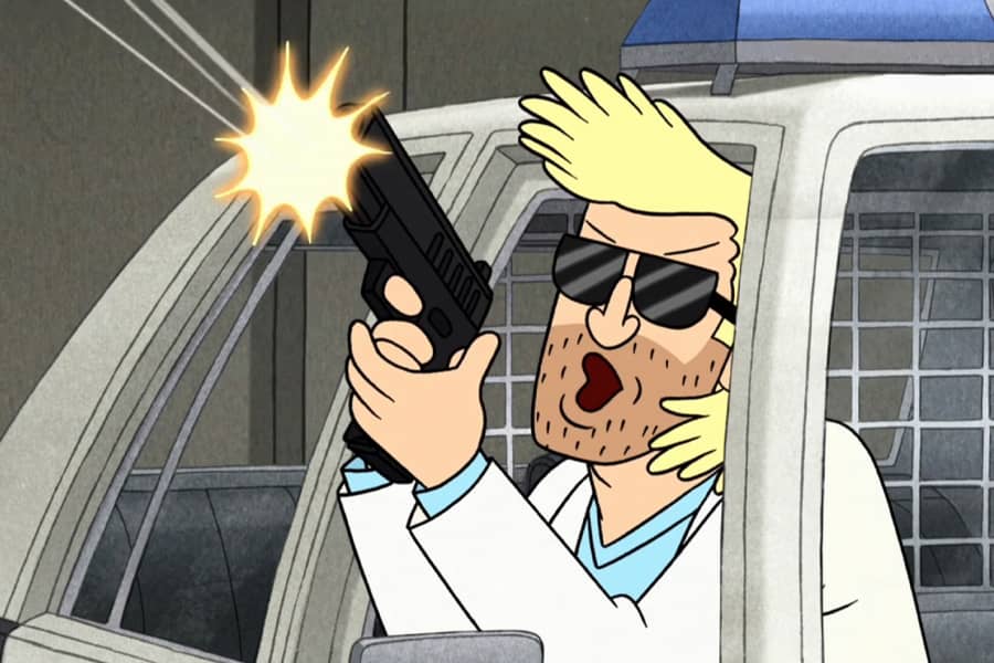 Carter firing a gun out his window