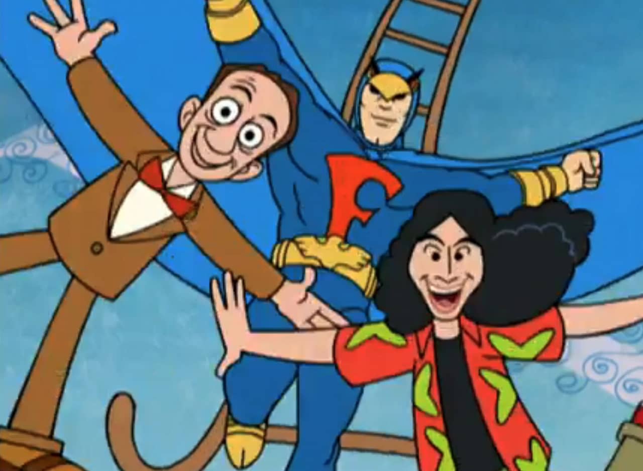 Weird Al Yankovic, Don Knotts, and The Blue Falcon falling from a helicopter ladder