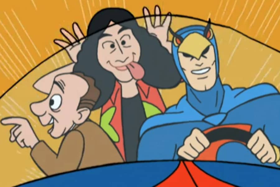 Weird Al Yankovic, Don Knotts, and The Blue Falcon driving in a car