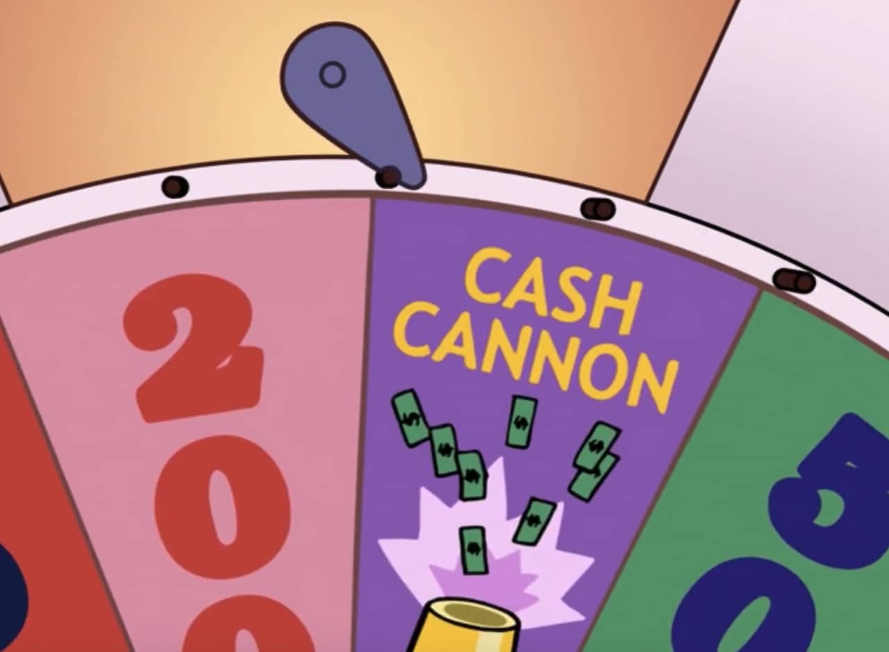 a game show wheel stopped on “Cash Cannon”