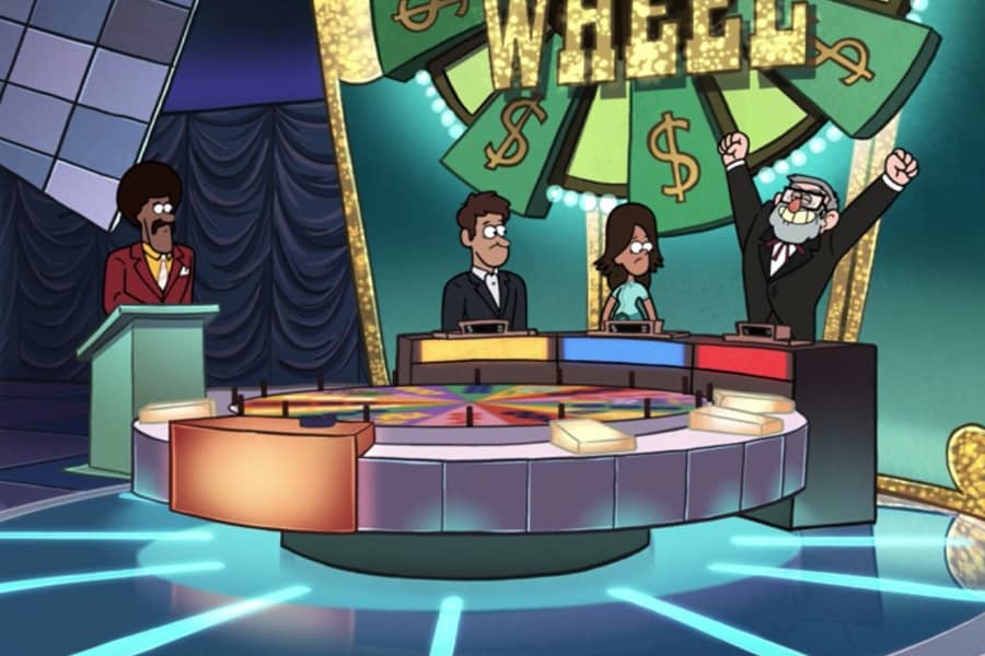 a game show set with Grunkle Stan raising his arms up