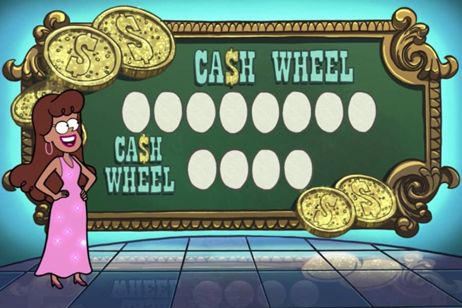 a Wheel of Fortune-like display with a mystery phrase and woman in a dress standing by