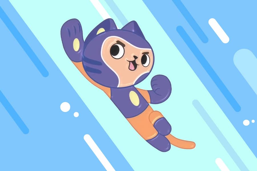 purple cat punching up in a celebratory way