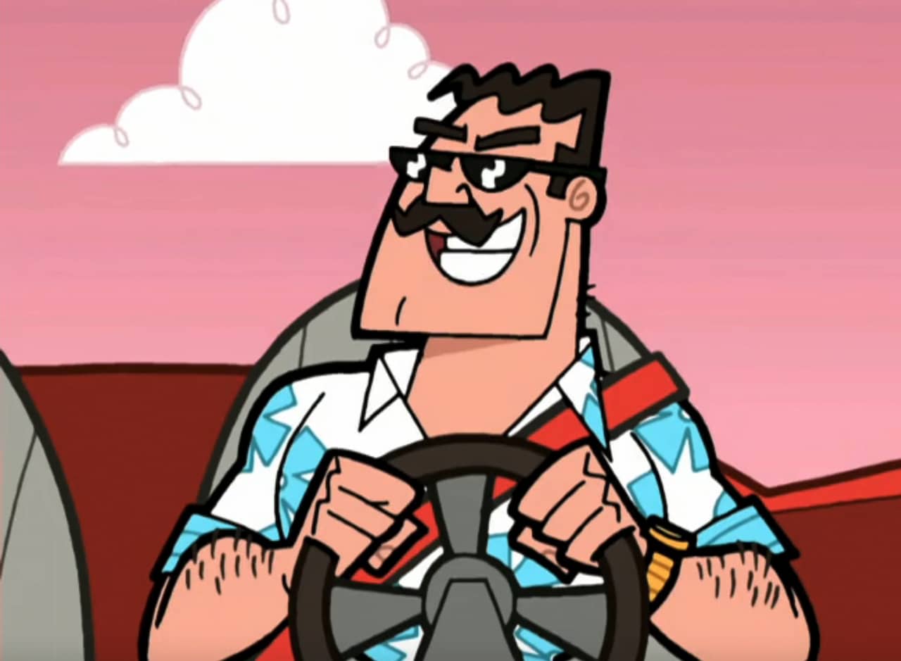 C.C. Cruiser, a cool guy with a mustache driving a car