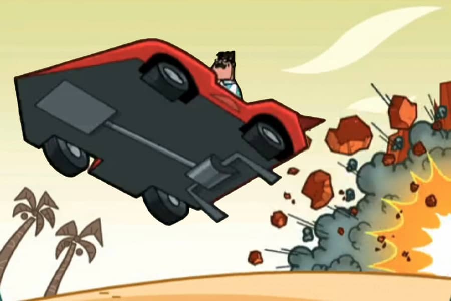 car flying through the air with an explosion behind