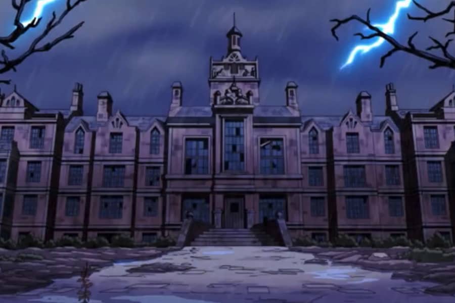 a spooky asylum during a lightning storm
