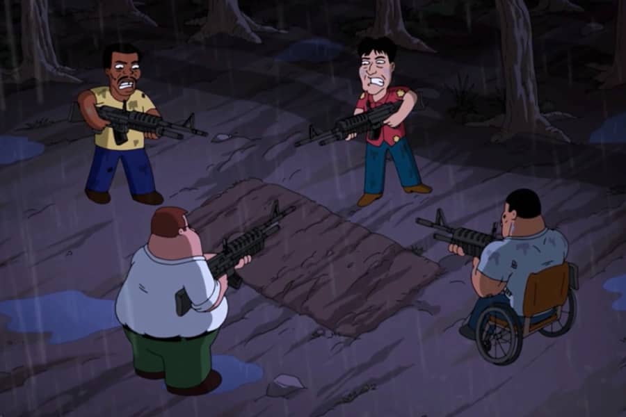 movie versions of Peter, Cleveland, Joe, and Quagmire face off with guns in the woods