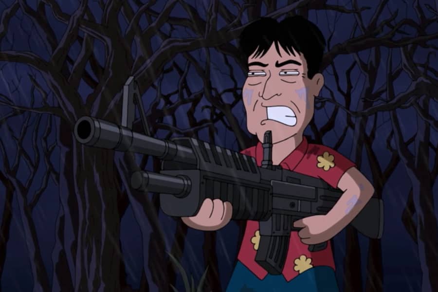 Charlie Sheen as Quagmire, also holding a big gun