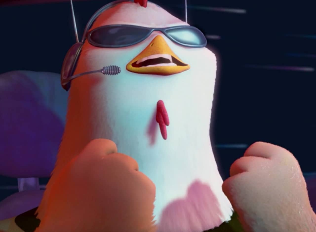 Chicken Little as a cool action hero with sunglasses and headset