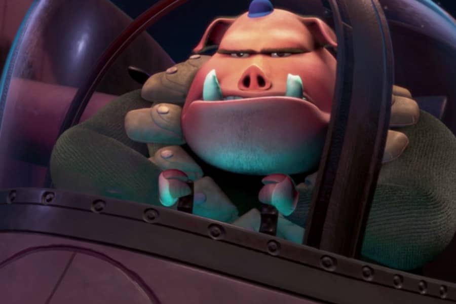 a tough pig with big tusk teeth flying a small spacecraft