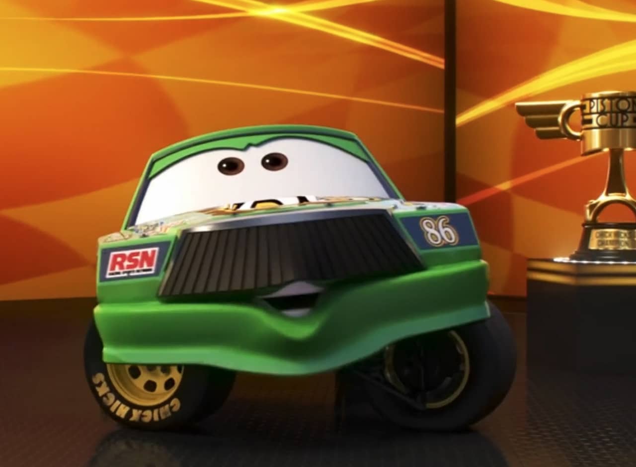 Chick Hicks, a green car with big eyes and mustache next to a racing trophy