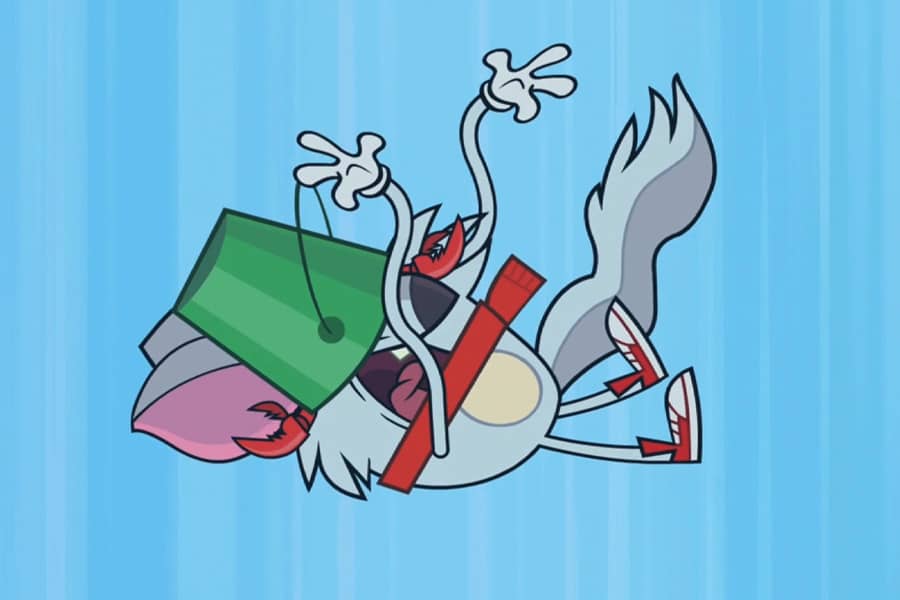 Chinchilli with the bucket on his head, falling through the sky