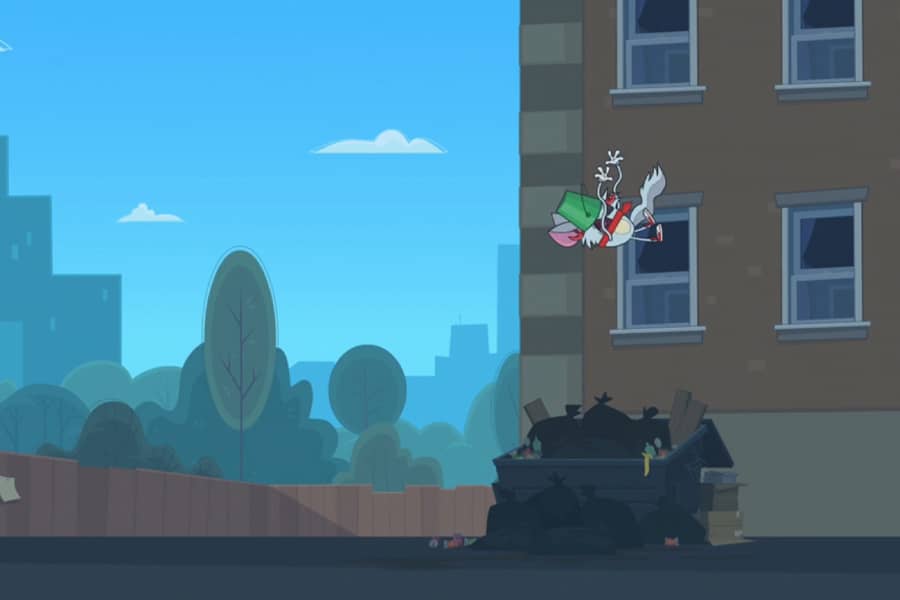 wide shot showing Chinchilli is falling next to a building and into a dumpster