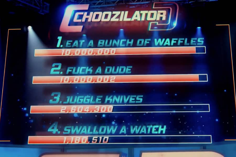 Choozilator poll board choosing from: eat a bunch of waffles, f*** a dude, Juggle knives, and swallow a watch