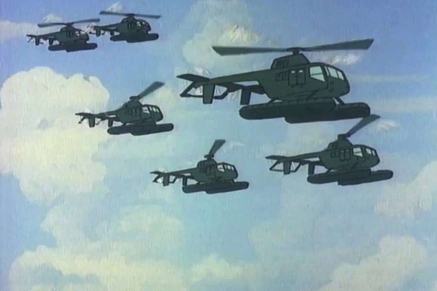 a fleet of helicopters in the sky