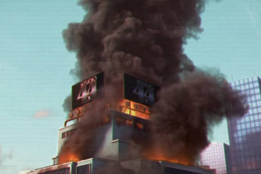 Studio 4x4 skyscraper on fire with billowing smoke