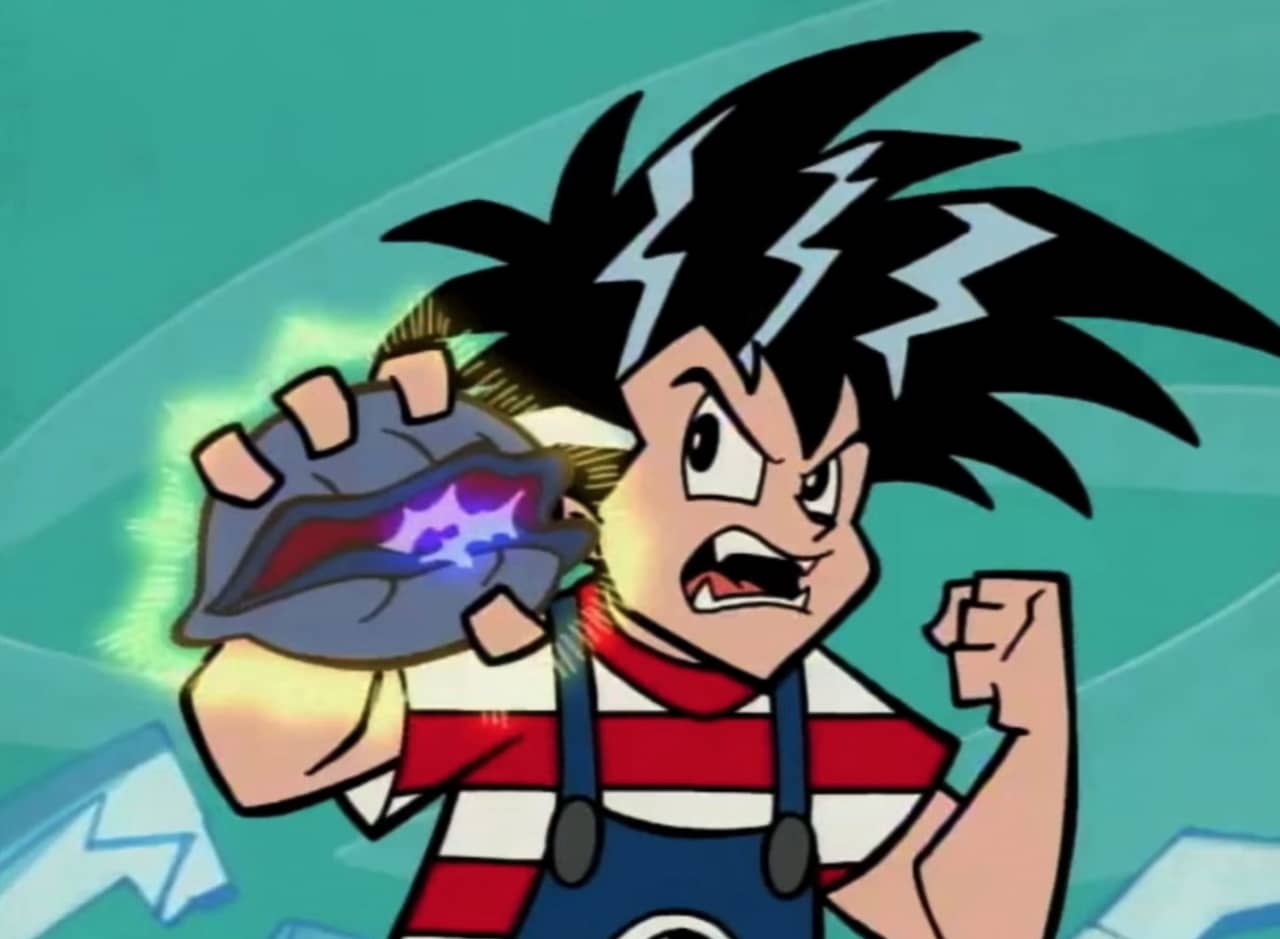 anime-style kid with spiky black hair and holding a glowing clam