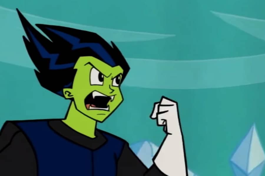 green anime-style kid shaking his fist