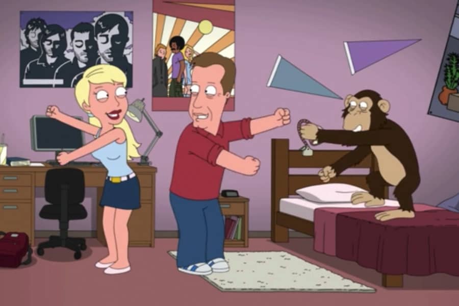 Woods, his daughter, and the monkey Mr. Nubbins dancing in the dorm