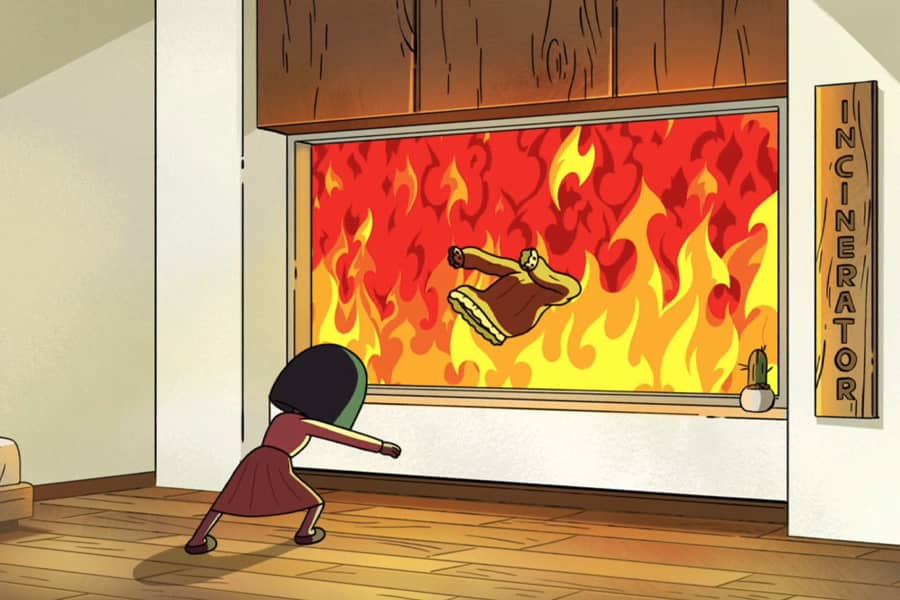 Serenity throwing the sweater into a wall-sized incinerator