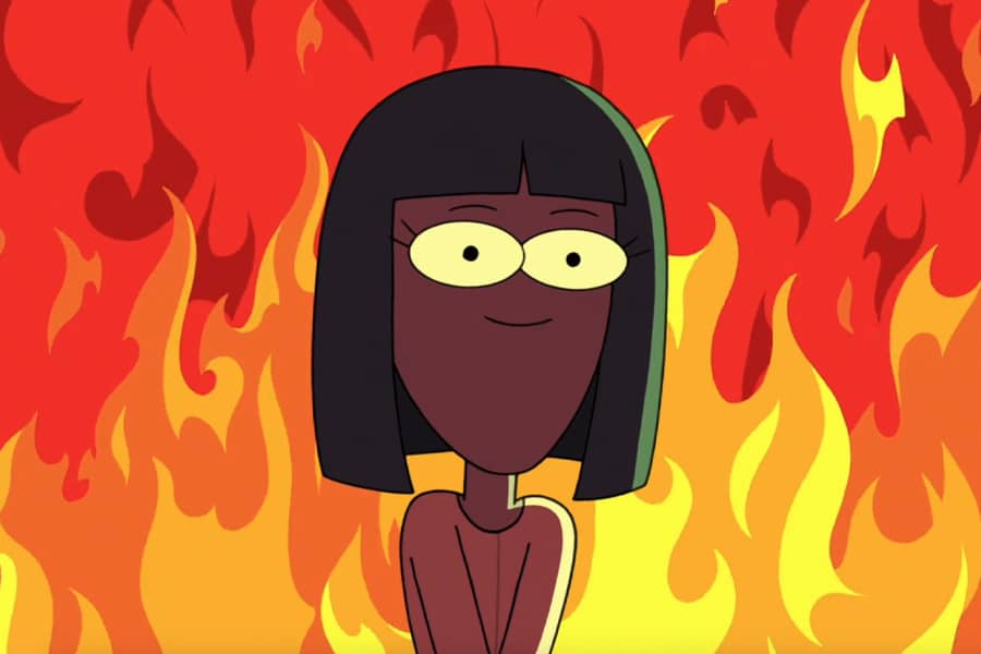 Serenity smiling calmly in front of huge flames