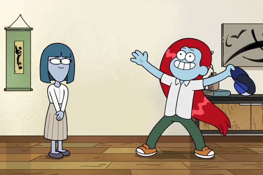 Serenity with a man who has removed his hat to reveal super long red hair