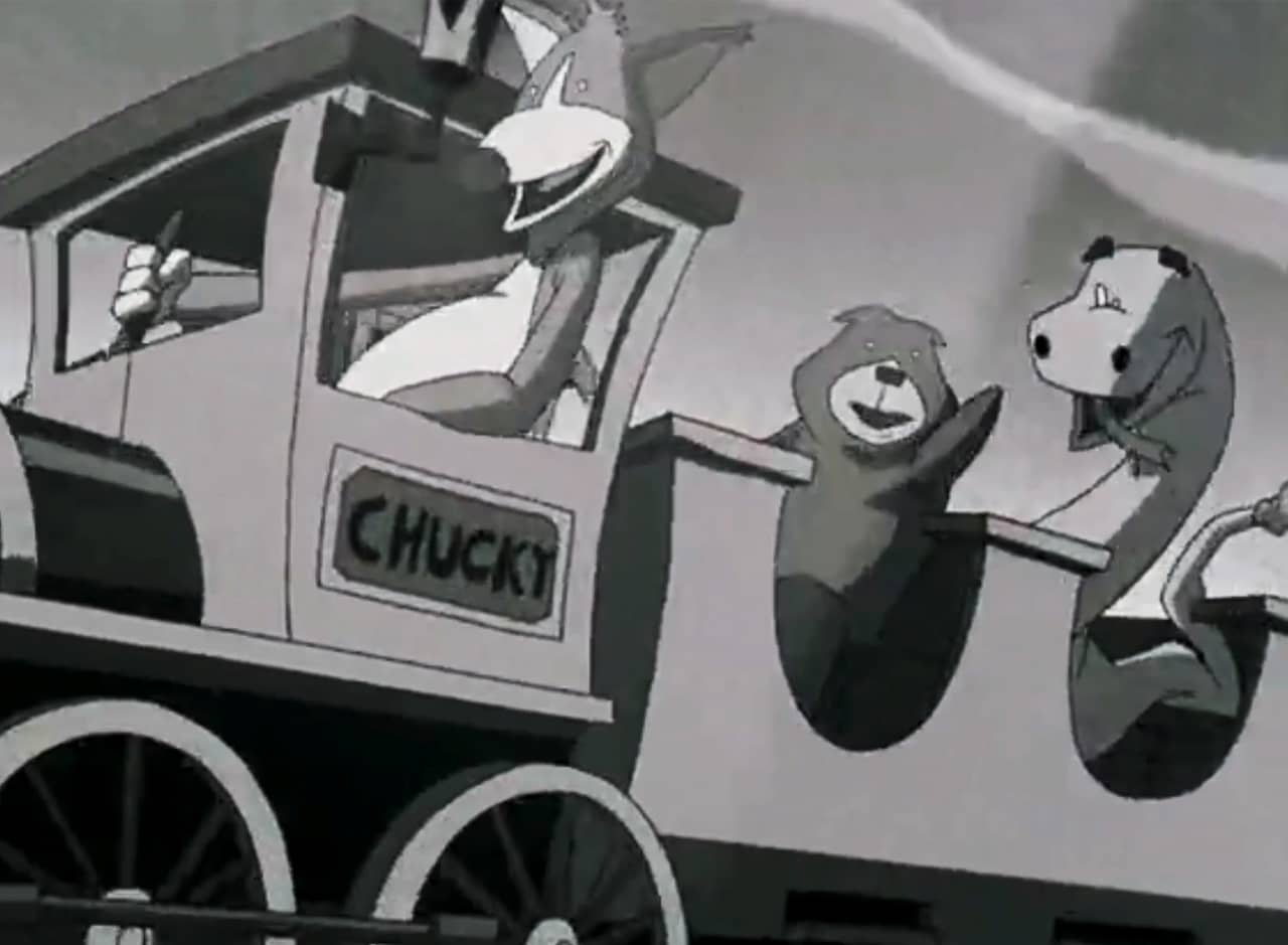 fox, bear, and snake riding on the train
