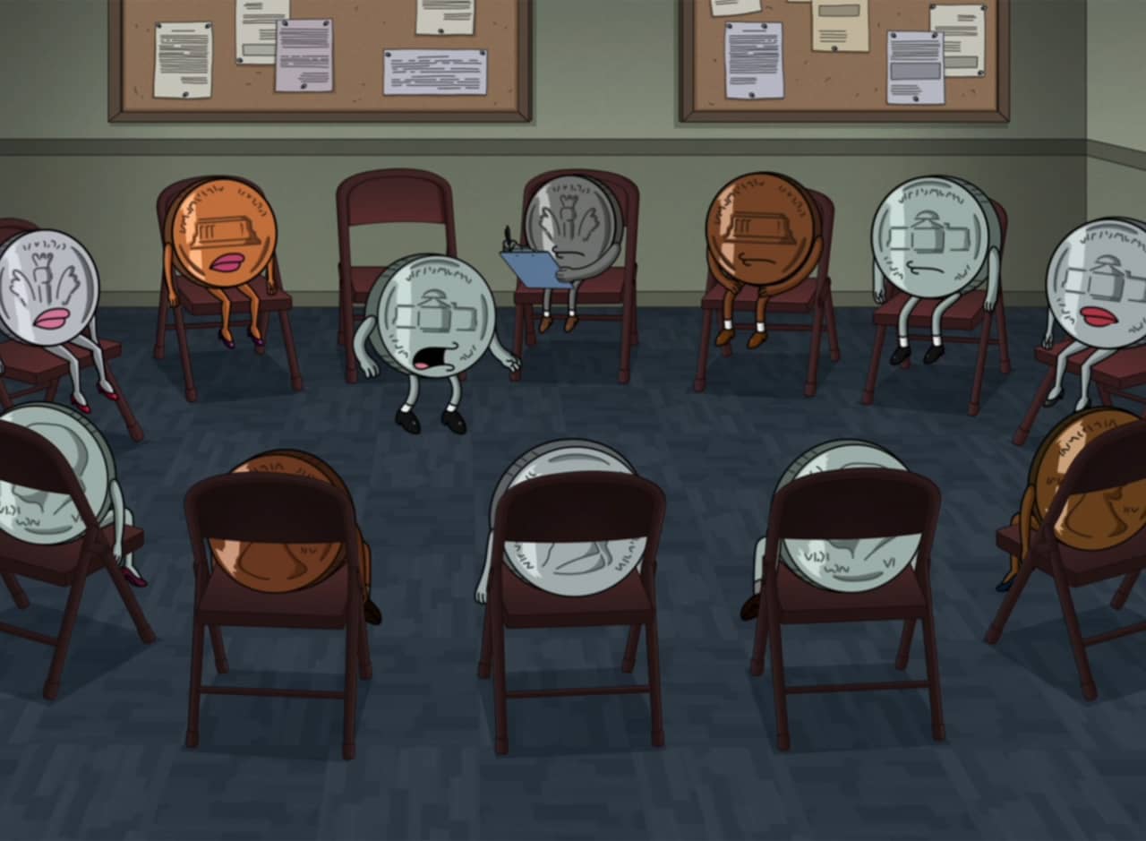 a coin talking at a support group circle of other coins 