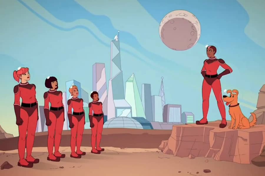 Commander Cressida with Sirius the dog and her team of astronauts